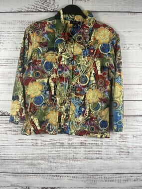 Kaktus Jacket Women's Medium Multicolor Floral Denim Button Front Boho Print